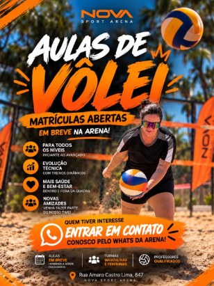 Cartaz: Aulas de vôlei, matrículas abertas na Nova Sport Arena